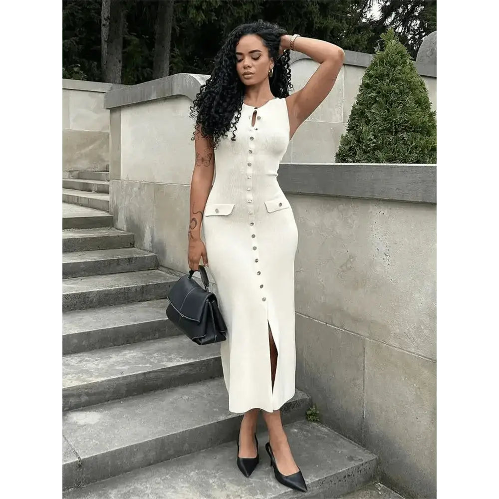 Other - Knit Ribbed Cardigan Maxi Dress Female High Waist Slim Pocket