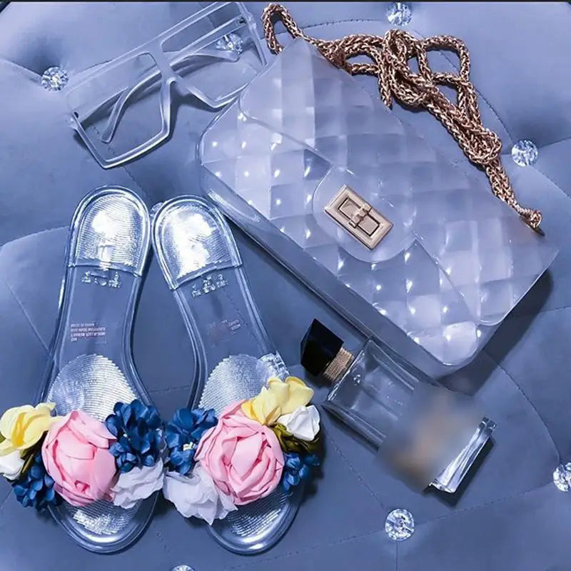 2021 Summer Beach Slippers Transparent Flowers Women‘s Slippers-Slippers-skinny&high-Coffee Jasper