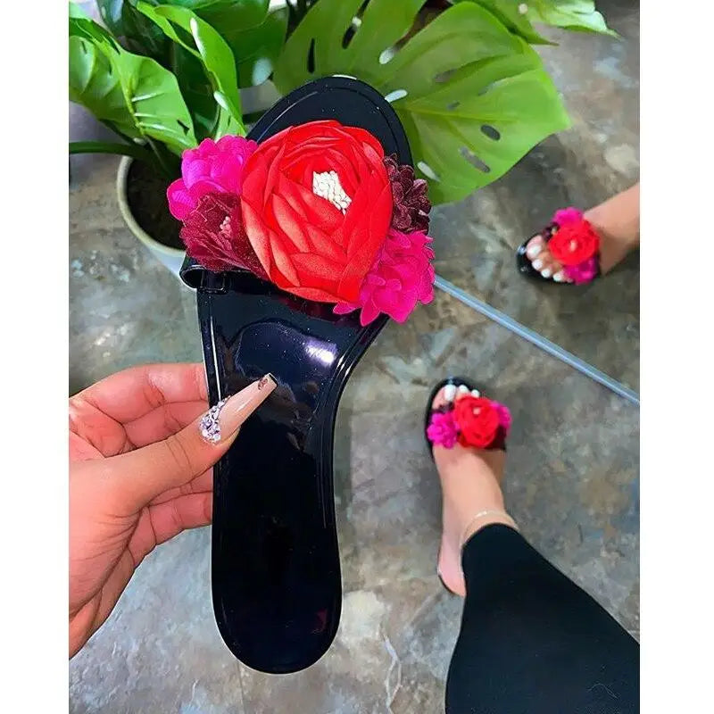 2021 Summer Beach Slippers Transparent Flowers Women‘s Slippers-Slippers-skinny&high-Coffee Jasper