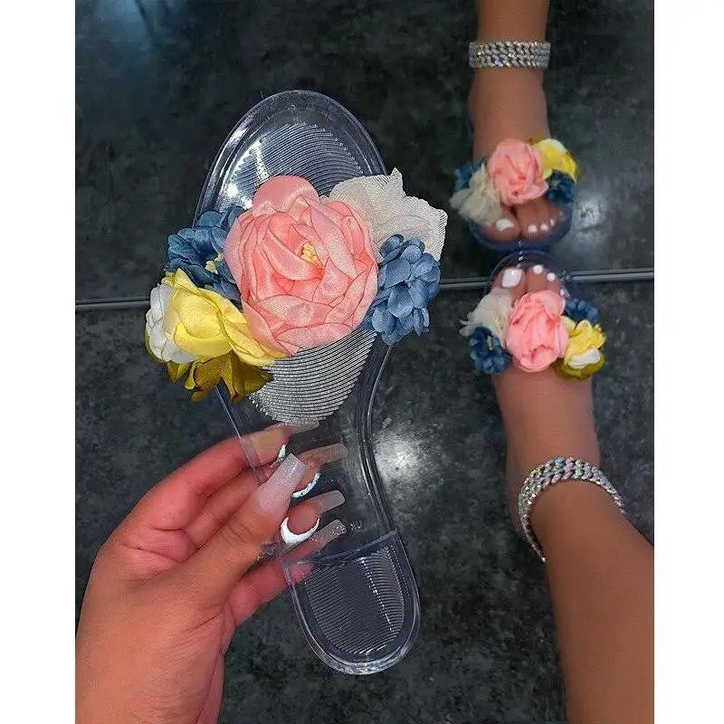 2021 Summer Beach Slippers Transparent Flowers Women‘s Slippers-Slippers-skinny&high-Coffee Jasper